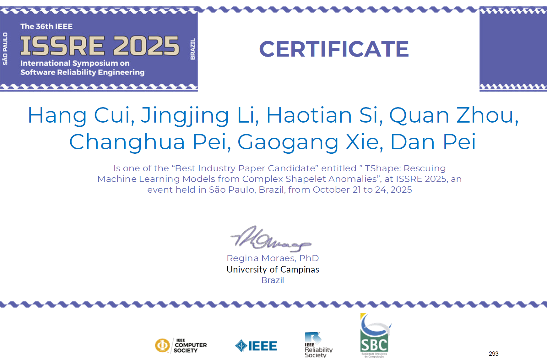 Oct 2025: Congrats to Changhua et al. on being selected as the best Industry paper candidate in ISSRE 2025!