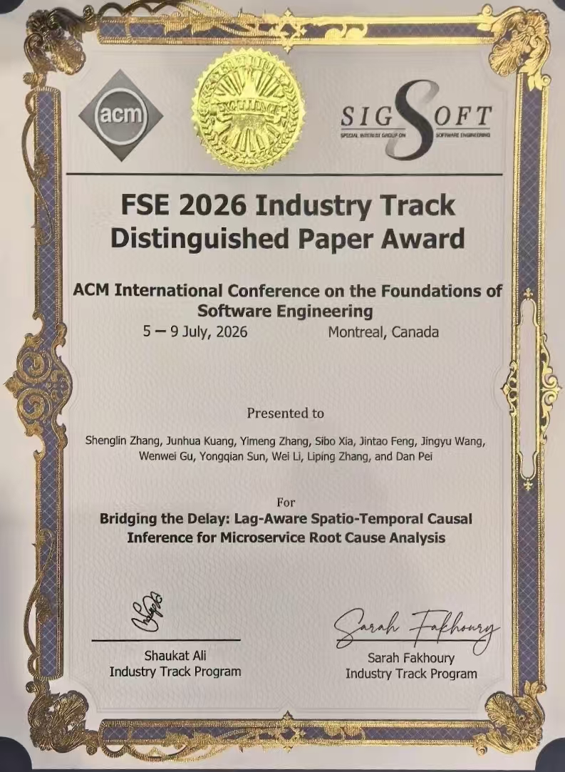 Congrats to Shenglin and Co-Authors on FSE 2026 Industry Track Distinguished Paper Award